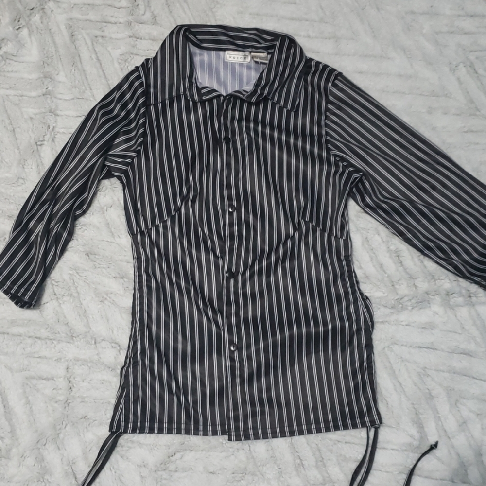 Girls NWT black white pinstripe button down shirt